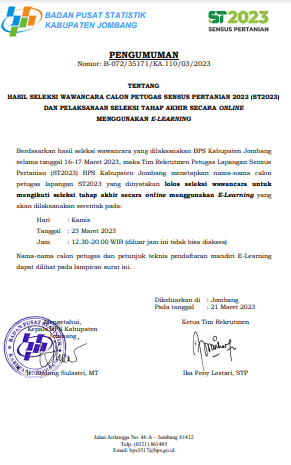 PENGUMUMAN HASIL SELEKSI WAWANCARA DAN PELAKSANAAN SELEKSI TAHAP AKHIR  REKRUTMEN PETUGAS ST2023